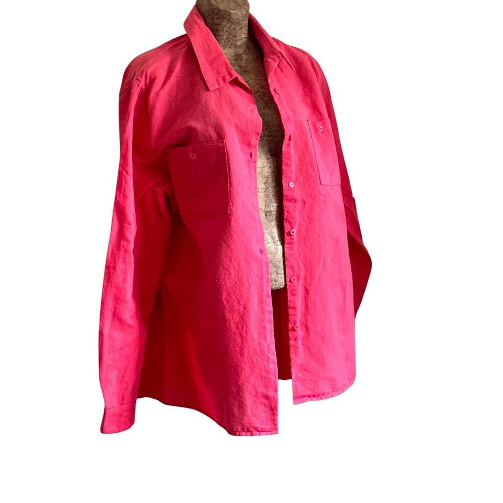 Vintage Pink Button-Up Linen Blend Shirt with Collared Neck & Chest Pockets